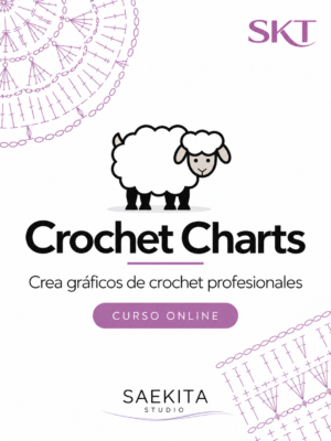 Portada del curso Crochet Charts con una oveja blanca, símbolos de gráficos de crochet en tonos morados, el isotipo SKT y el logotipo Saekita Studio sobre fondo blanco.