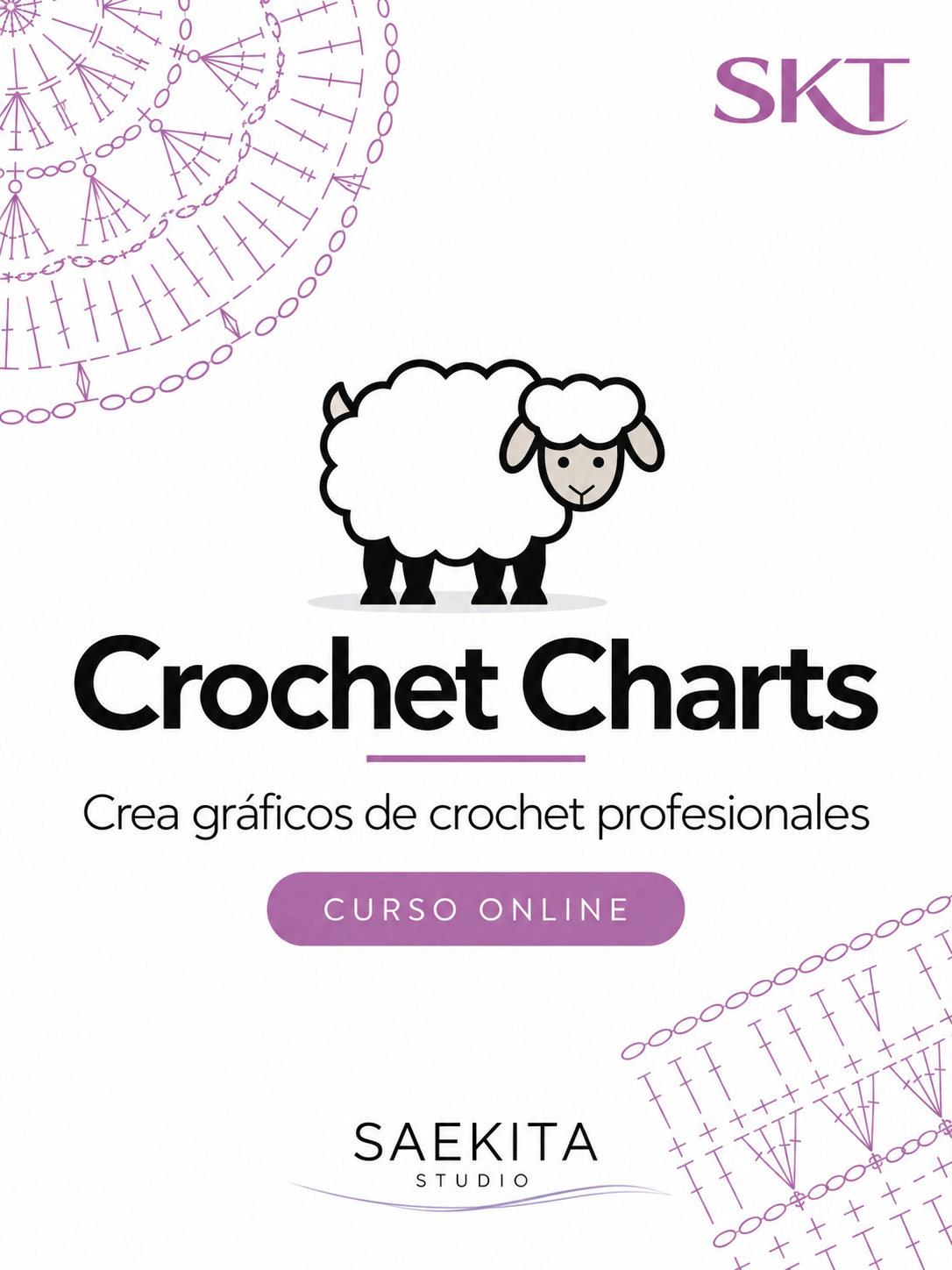 Portada del curso Crochet Charts con una oveja blanca, símbolos de gráficos de crochet en tonos morados, el isotipo SKT y el logotipo Saekita Studio sobre fondo blanco.